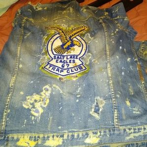 Custom designed denim jacket with custom leather p